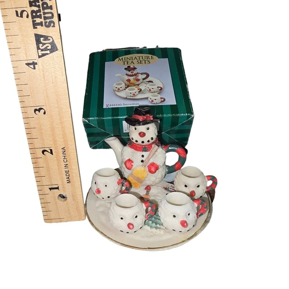 Snowman Miniature Tea Set Christmas Holiday Decor 6-Piece Ceramic Set Snowman